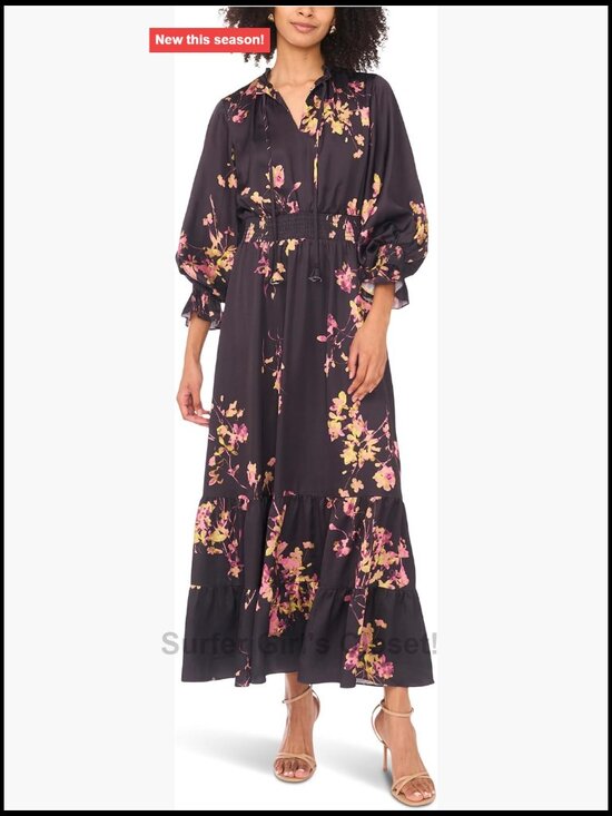 Dresses & Skirts - Vince Camuto Long Sleeve Maxi Dress Smocked Floral Tie Neck Fall